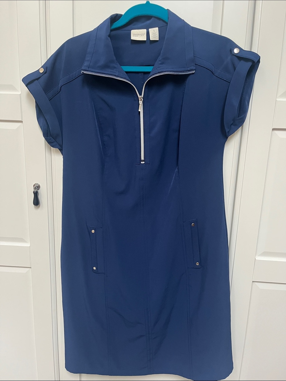 Zenergy by Chicos Short-Sleeve Navy Zip-Front Sporty Dress